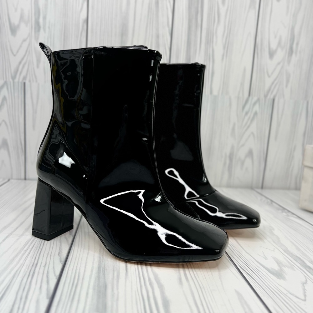 COPY - Good American Square Toe Patent Leather Ankle Booties  block chunky heel